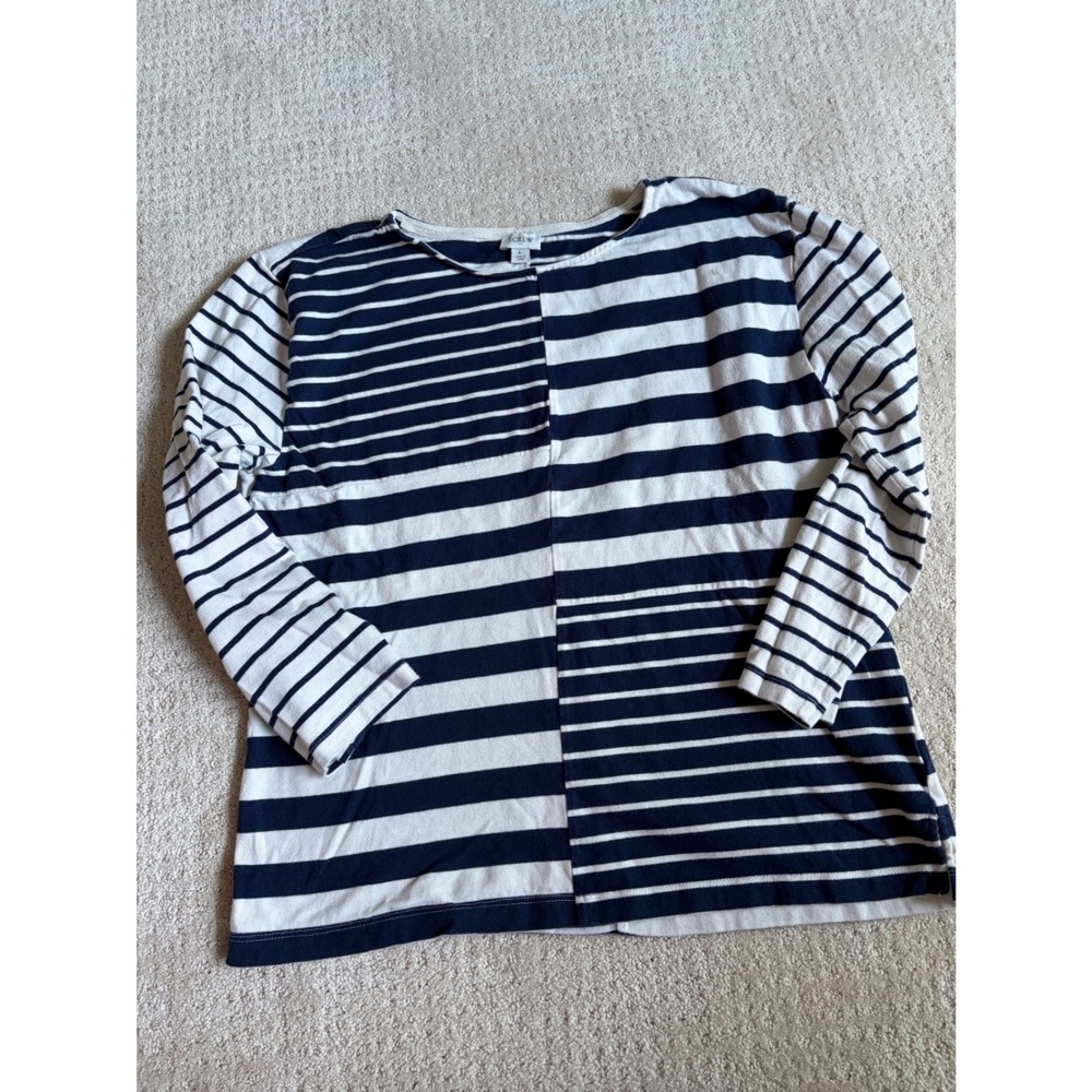 J.Crew Striped Long Sleeve Tee Womens L Navy Cream Nautical Mixed Stripe